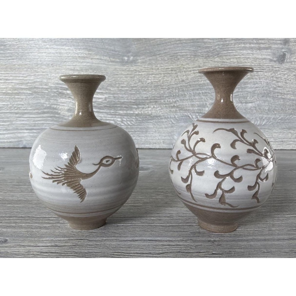 2 Vtg Mini MCM Brown Earth Tone Glaze Stoneware Pot Vase 3" Studio Japan Signed